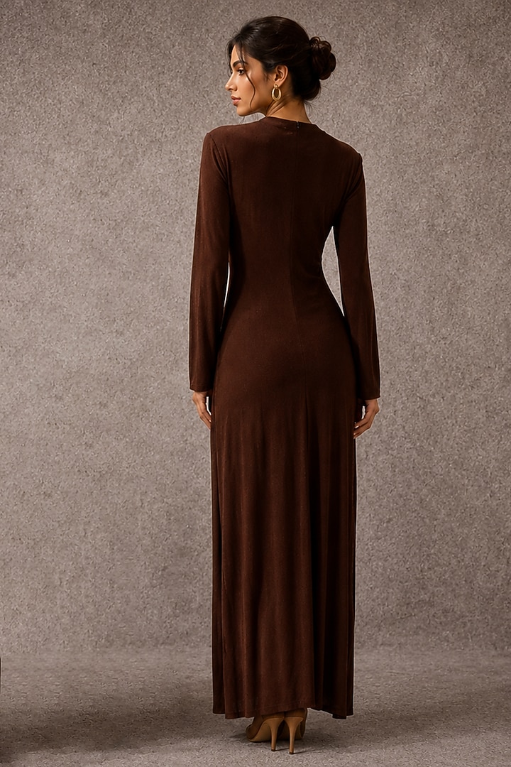 Brown Soft Stretch Jersey Draped Column Gown by Ajiesh Oberoi at Pernia's Pop Up Shop