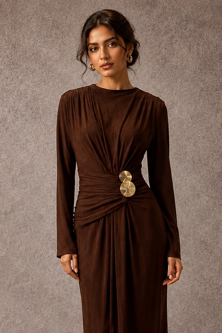 Brown Soft Stretch Jersey Draped Column Gown by Ajiesh Oberoi at Pernia's Pop Up Shop