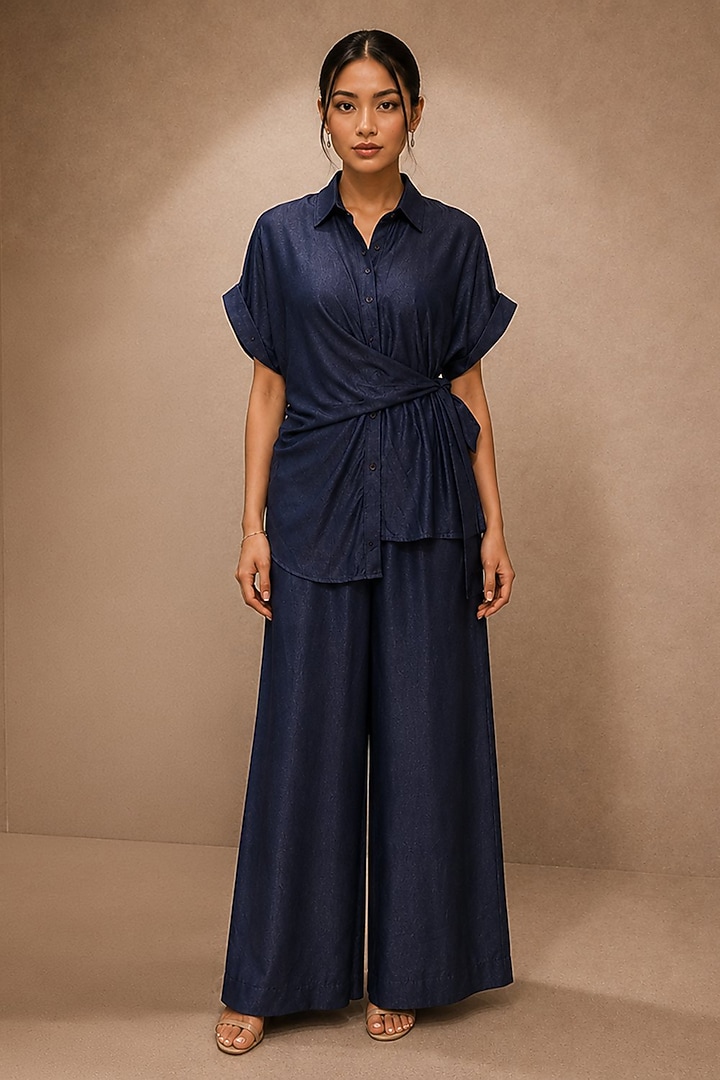 Navy Tencel Blend Co-Ord Set by Ajiesh Oberoi at Pernia's Pop Up Shop