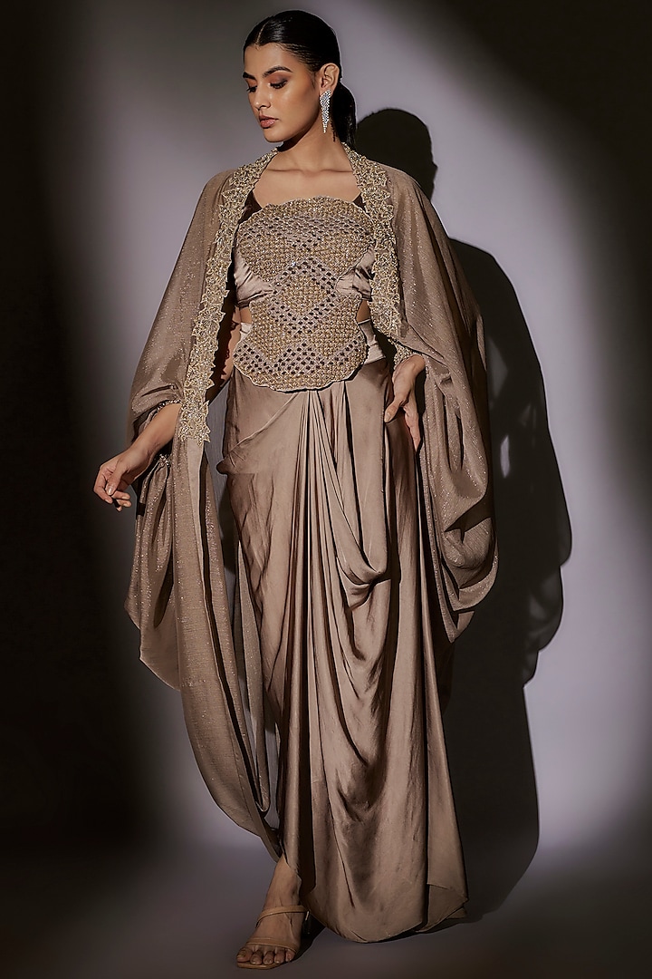 Skin-Brown Lurex & Satin Hand Embroidered Cape Set by Ajiesh Oberoi at Pernia's Pop Up Shop