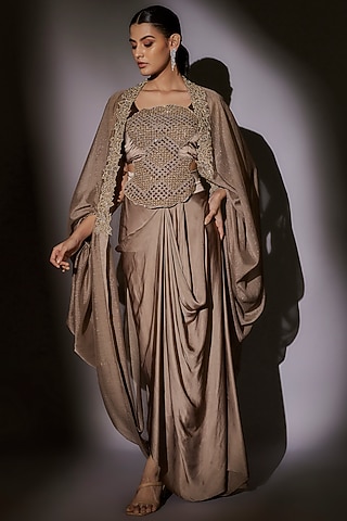 Skin-Brown Lurex & Satin Hand Embroidered Cape Set by Ajiesh Oberoi