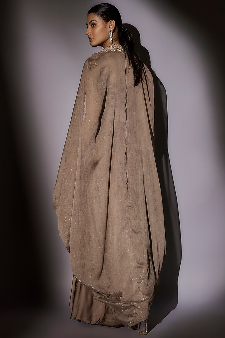 Skin-Brown Lurex & Satin Hand Embroidered Cape Set by Ajiesh Oberoi at Pernia's Pop Up Shop