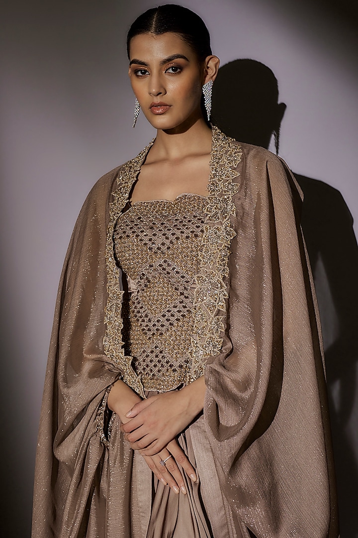 Skin-Brown Lurex & Satin Hand Embroidered Cape Set by Ajiesh Oberoi at Pernia's Pop Up Shop