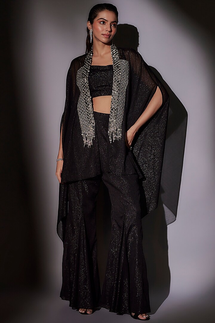 Black Lurex & Satin Hand Embroidered Cape Set by Ajiesh Oberoi at Pernia's Pop Up Shop