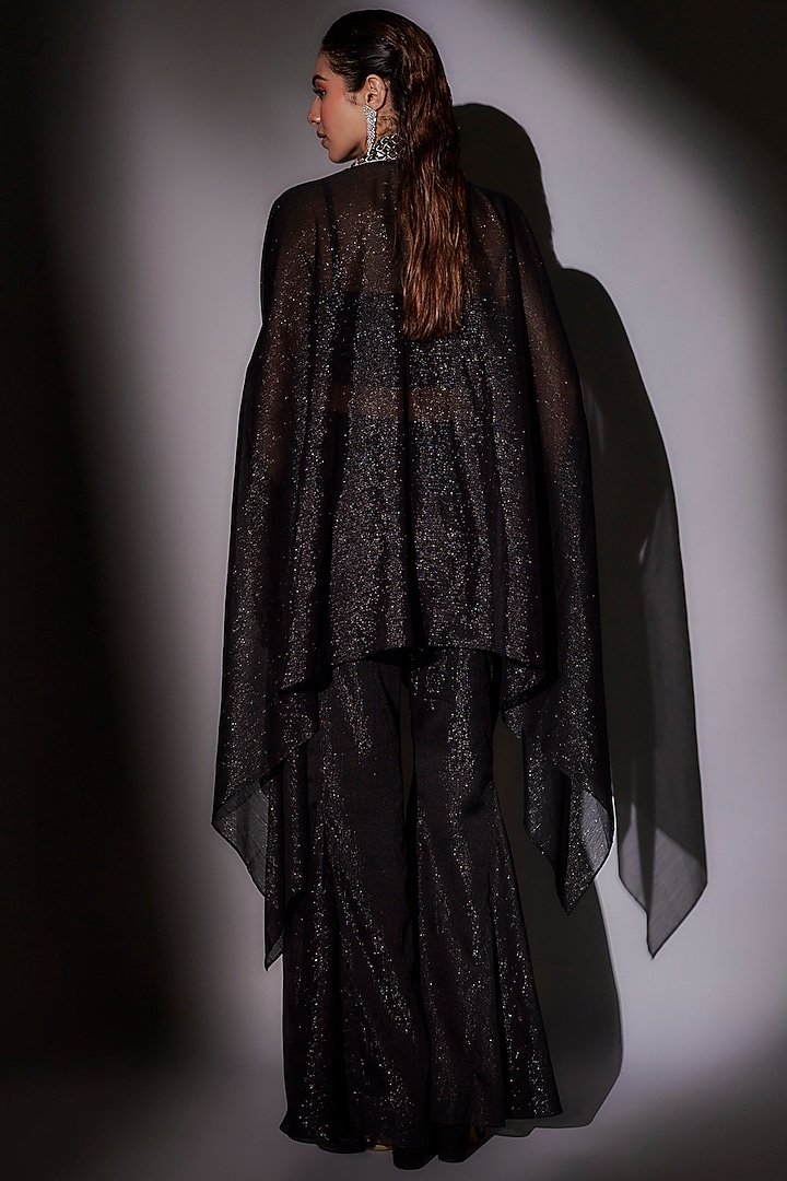 Black Lurex & Satin Hand Embroidered Cape Set by Ajiesh Oberoi at Pernia's Pop Up Shop