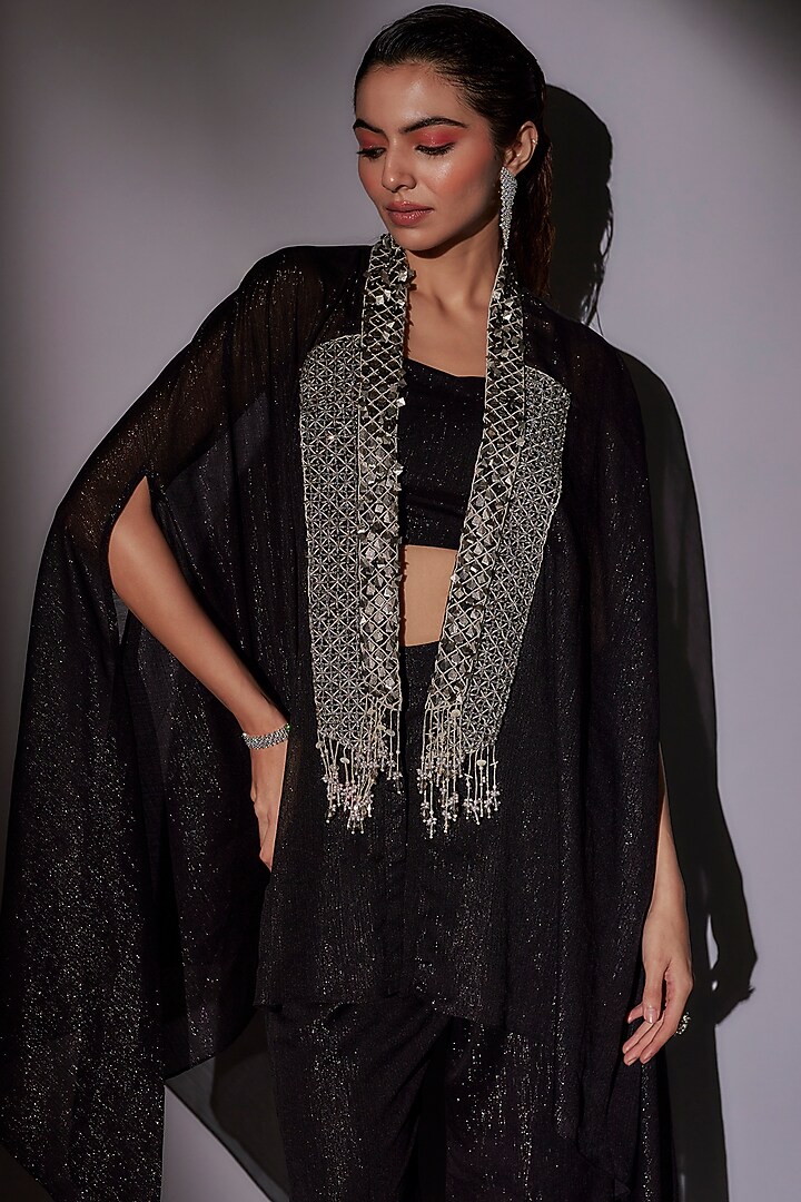 Black Lurex & Satin Hand Embroidered Cape Set by Ajiesh Oberoi at Pernia's Pop Up Shop
