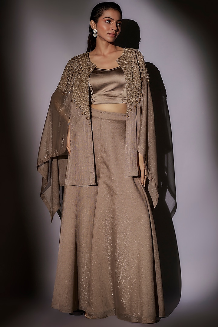 Coffee-Colored Lurex & Satin Hand Embroidered Cape Set by Ajiesh Oberoi at Pernia's Pop Up Shop