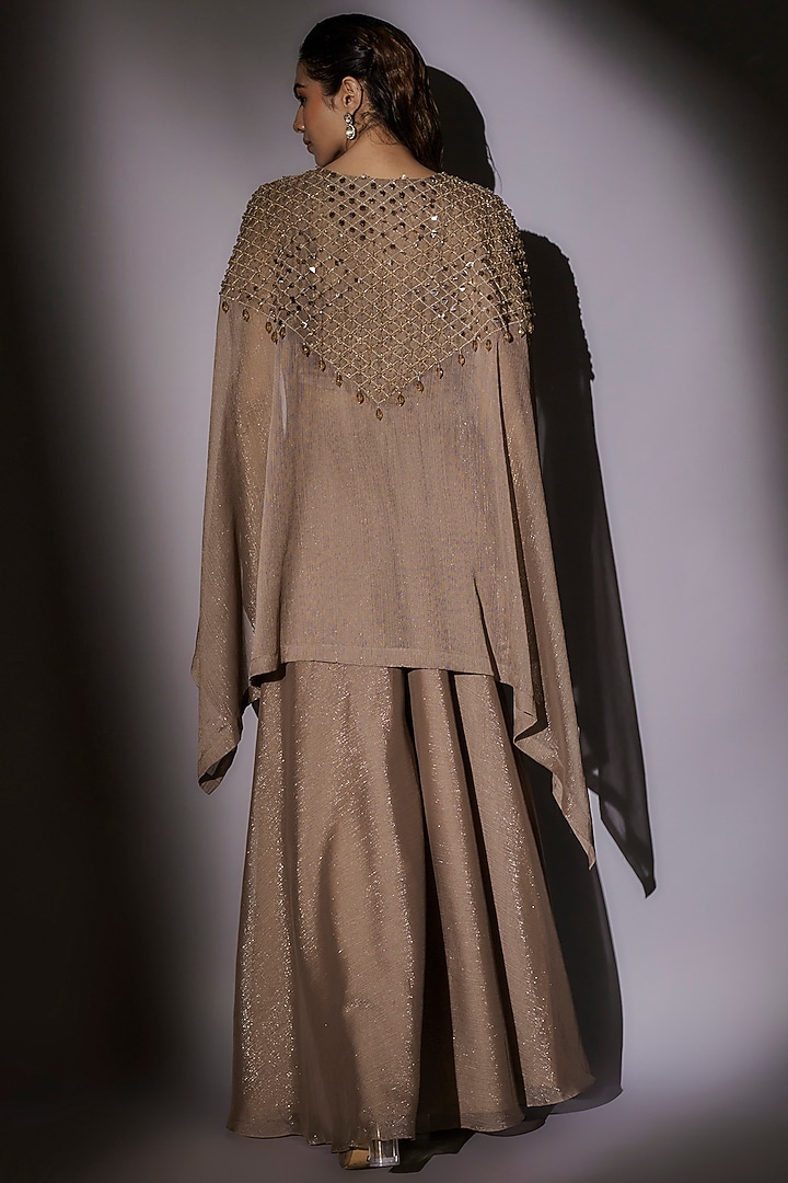 Coffee-Colored Lurex & Satin Hand Embroidered Cape Set by Ajiesh Oberoi at Pernia's Pop Up Shop
