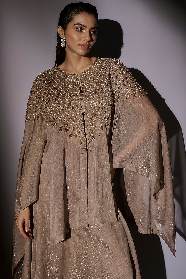 Coffee-Colored Lurex & Satin Hand Embroidered Cape Set by Ajiesh Oberoi at Pernia's Pop Up Shop
