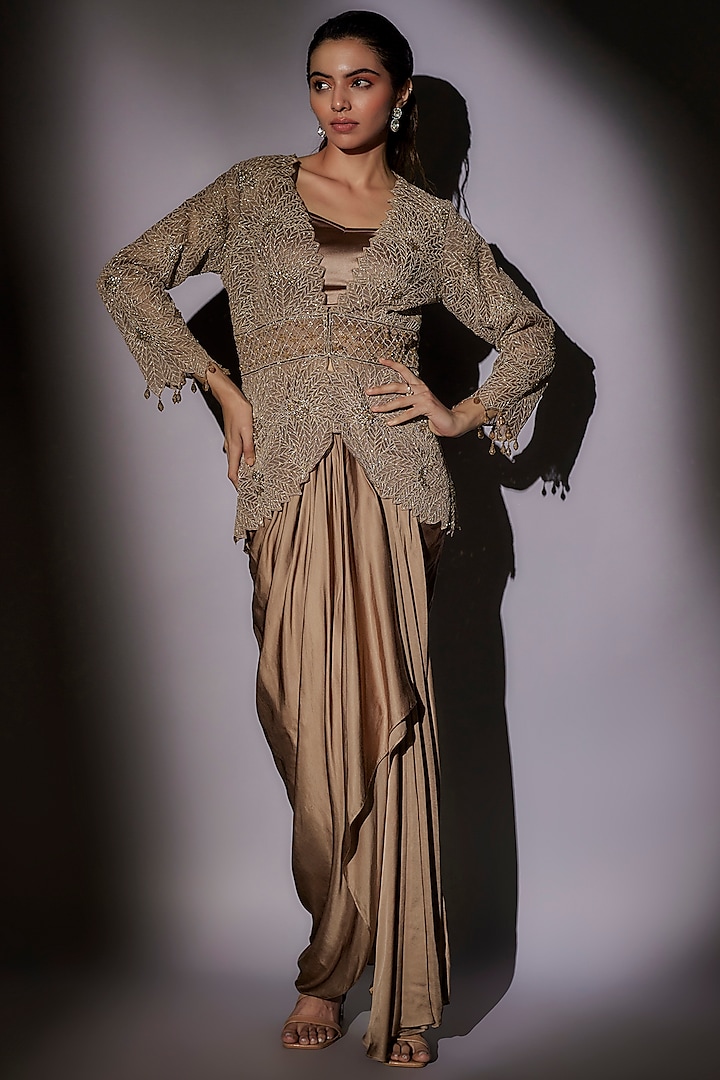 Skin-Brown Lycra Satin Pick-Up Skirt Set by Ajiesh Oberoi at Pernia's Pop Up Shop