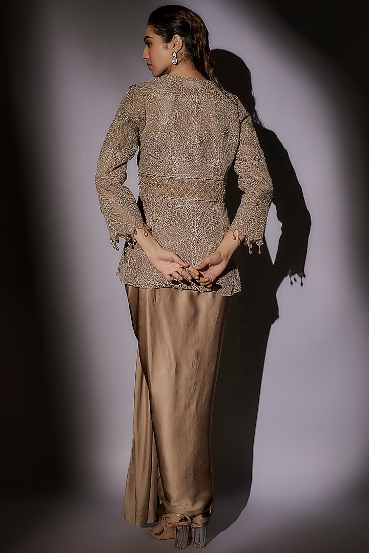 Skin-Brown Lycra Satin Pick-Up Skirt Set by Ajiesh Oberoi at Pernia's Pop Up Shop