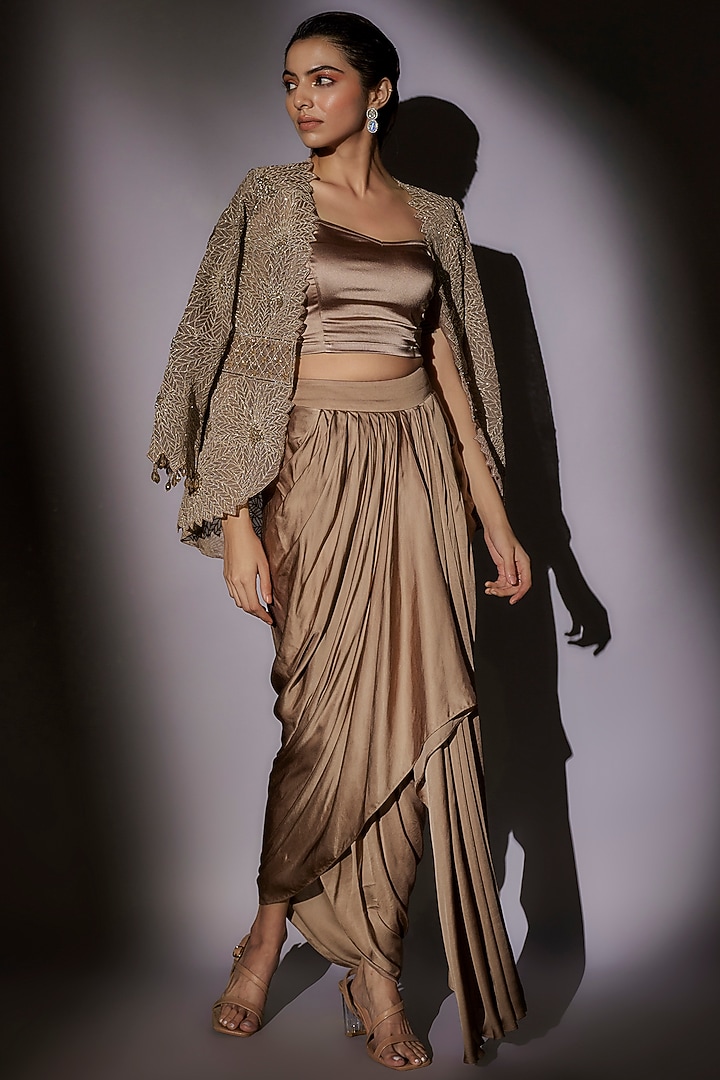 Skin-Brown Lycra Satin Pick-Up Skirt Set by Ajiesh Oberoi at Pernia's Pop Up Shop