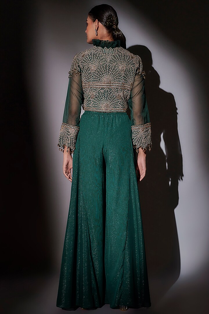 Green Lycra Satin Pick-Up Skirt Set by Ajiesh Oberoi at Pernia's Pop Up Shop