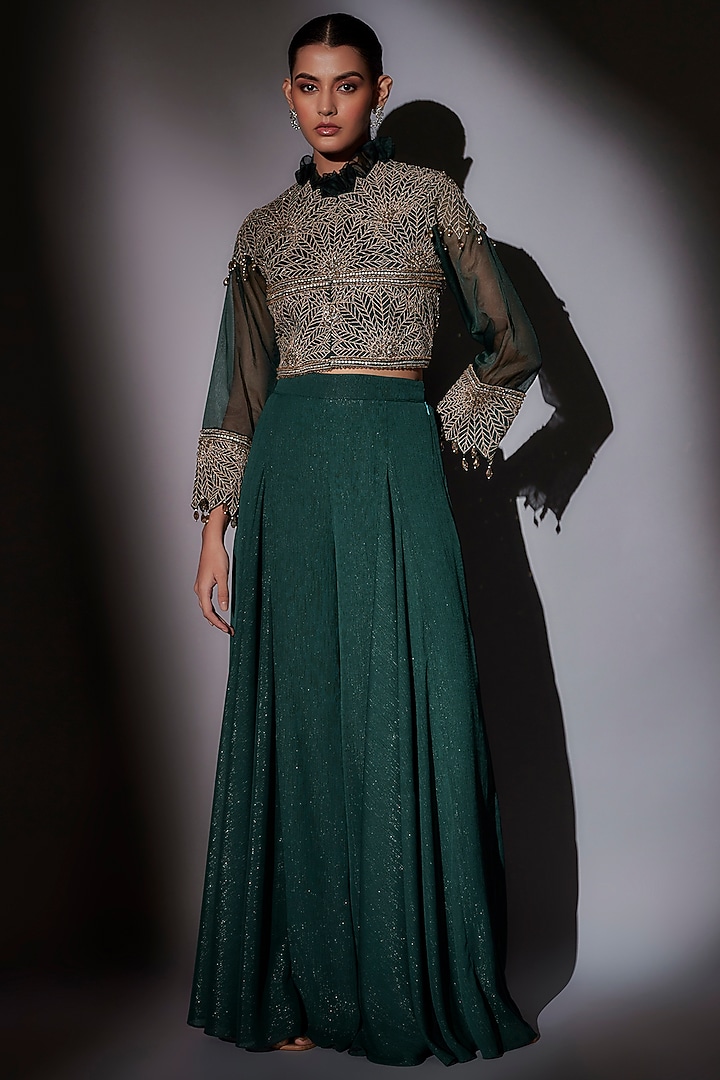 Green Lycra Satin Pick-Up Skirt Set by Ajiesh Oberoi at Pernia's Pop Up Shop