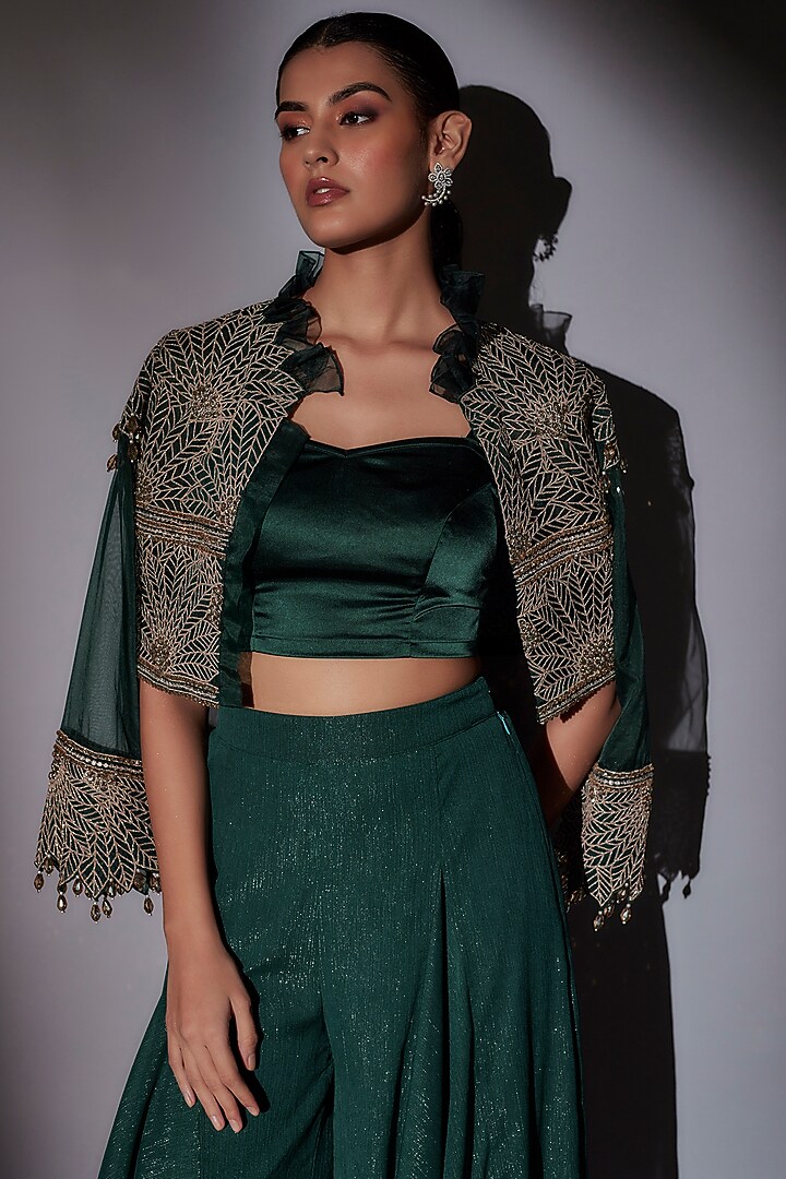Green Lycra Satin Pick-Up Skirt Set by Ajiesh Oberoi at Pernia's Pop Up Shop