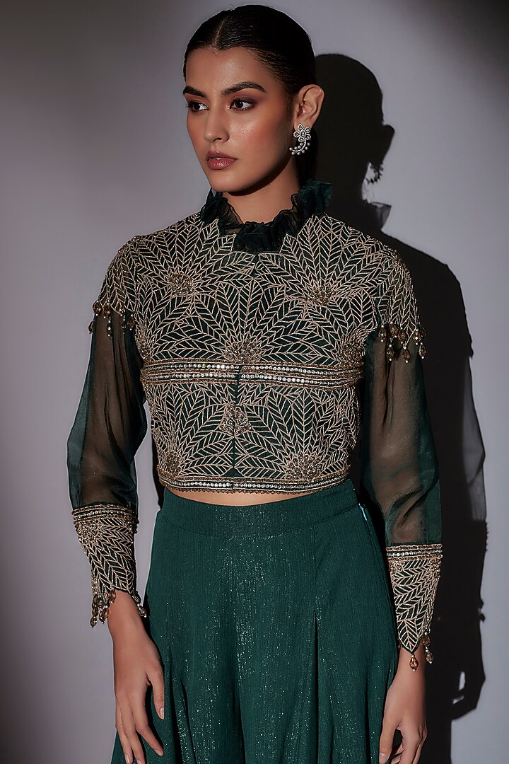 Green Lycra Satin Pick-Up Skirt Set by Ajiesh Oberoi at Pernia's Pop Up Shop