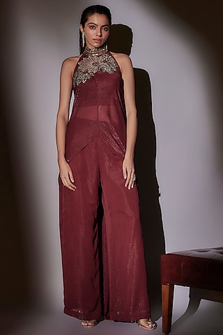 Wine Lurex & Satin Cape Set by Ajiesh Oberoi
