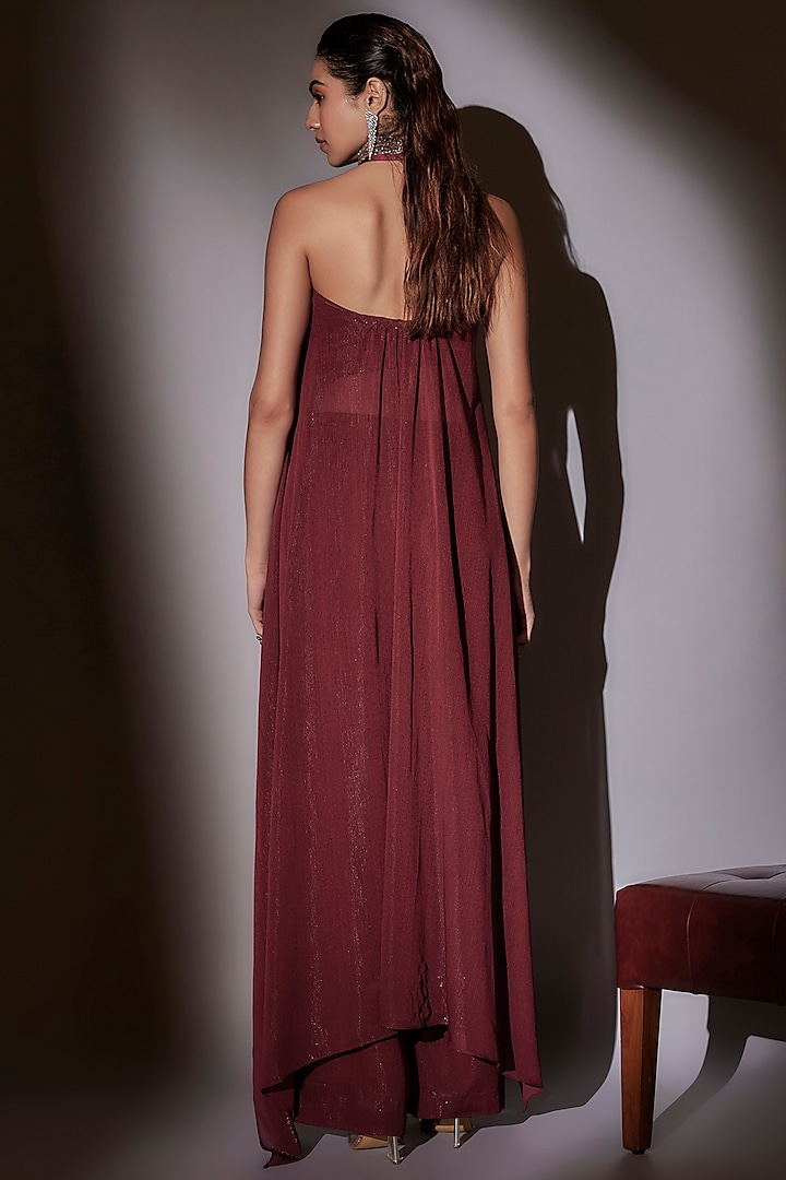 Wine Lurex & Satin Cape Set by Ajiesh Oberoi at Pernia's Pop Up Shop