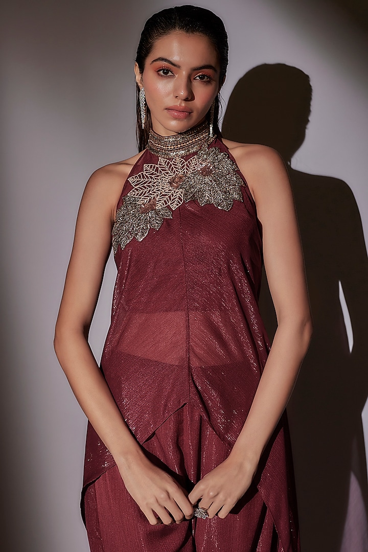 Wine Lurex & Satin Cape Set by Ajiesh Oberoi at Pernia's Pop Up Shop