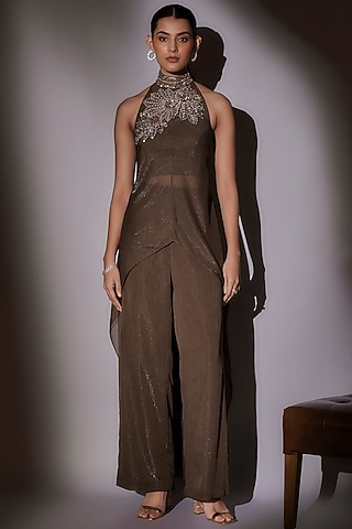 Coffee-Colored Lurex & Satin Cape Set by Ajiesh Oberoi