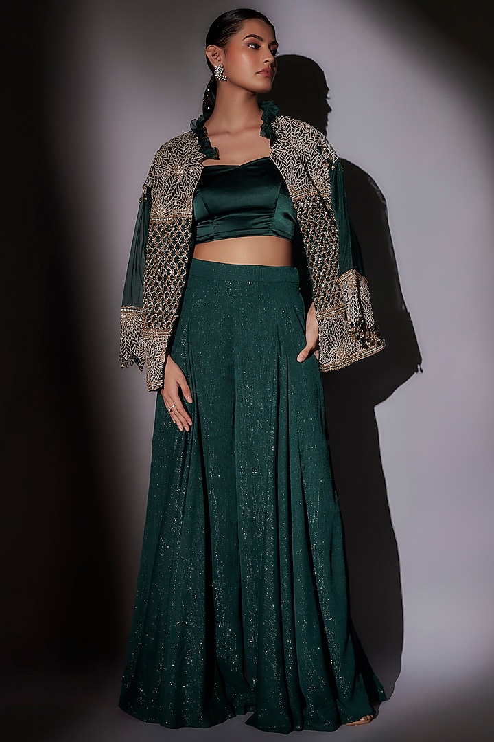 Green Organza Embroidered Jacket Set by Ajiesh Oberoi at Pernia's Pop Up Shop
