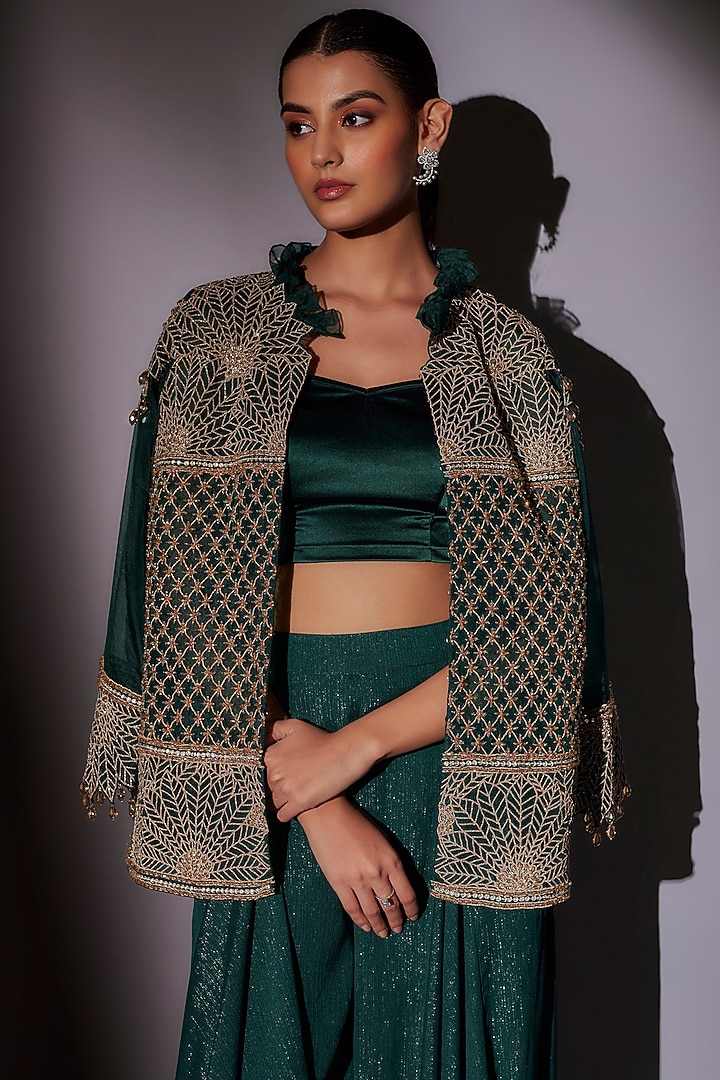 Green Organza Embroidered Jacket Set by Ajiesh Oberoi at Pernia's Pop Up Shop