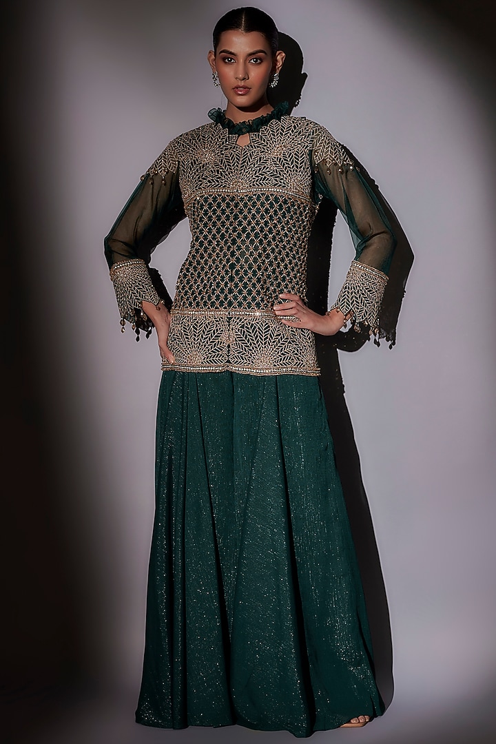 Green Organza Embroidered Jacket Set by Ajiesh Oberoi at Pernia's Pop Up Shop