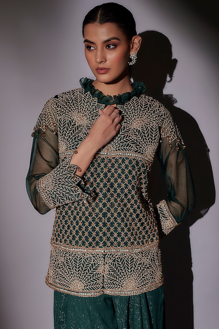 Green Organza Embroidered Jacket Set by Ajiesh Oberoi at Pernia's Pop Up Shop