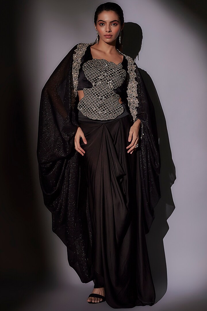 Black Lurex & Satin Hand Embroidered Cape Set by Ajiesh Oberoi at Pernia's Pop Up Shop