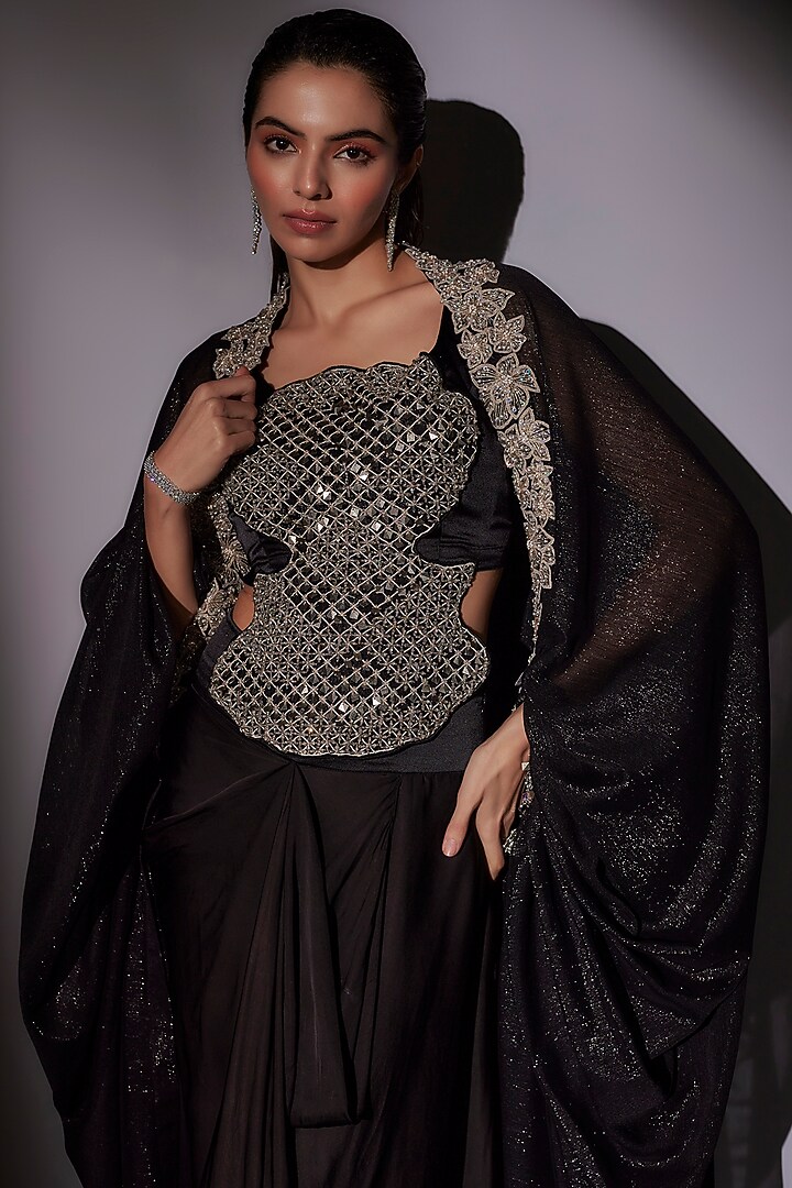Black Lurex & Satin Hand Embroidered Cape Set by Ajiesh Oberoi at Pernia's Pop Up Shop