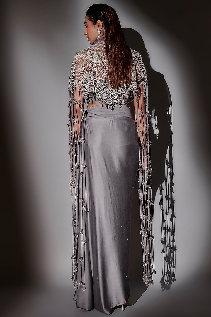 Grey Organza Crystal Cape Set by Ajiesh Oberoi at Pernia's Pop Up Shop