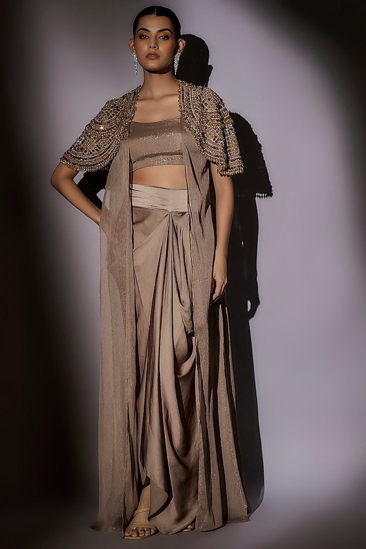 Skin-Brown Lurex Hand Embroidered Long Jacket Set by Ajiesh Oberoi at Pernia's Pop Up Shop