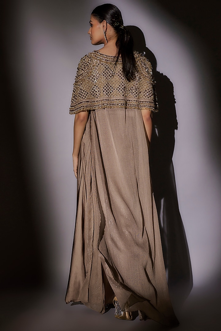 Skin-Brown Lurex Hand Embroidered Long Jacket Set by Ajiesh Oberoi at Pernia's Pop Up Shop