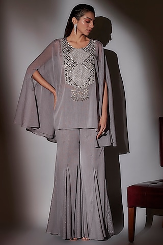 Grey Lurex & Satin Embroidered Sheer Cape Set by Ajiesh Oberoi