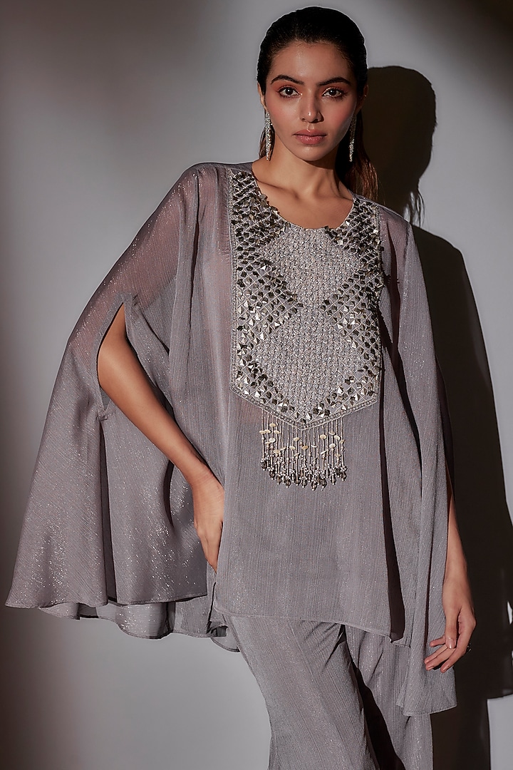 Grey Lurex & Satin Embroidered Sheer Cape Set by Ajiesh Oberoi at Pernia's Pop Up Shop