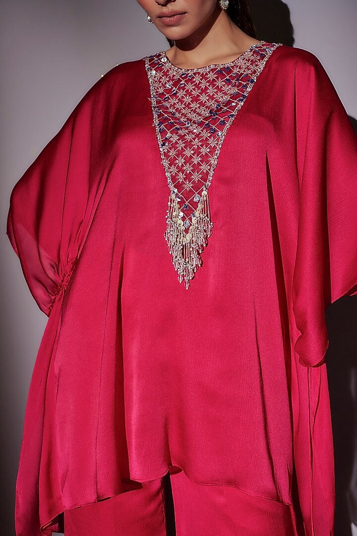 Rani Pink Satin Chiffon Short Kaftan Set by Ajiesh Oberoi at Pernia's Pop Up Shop