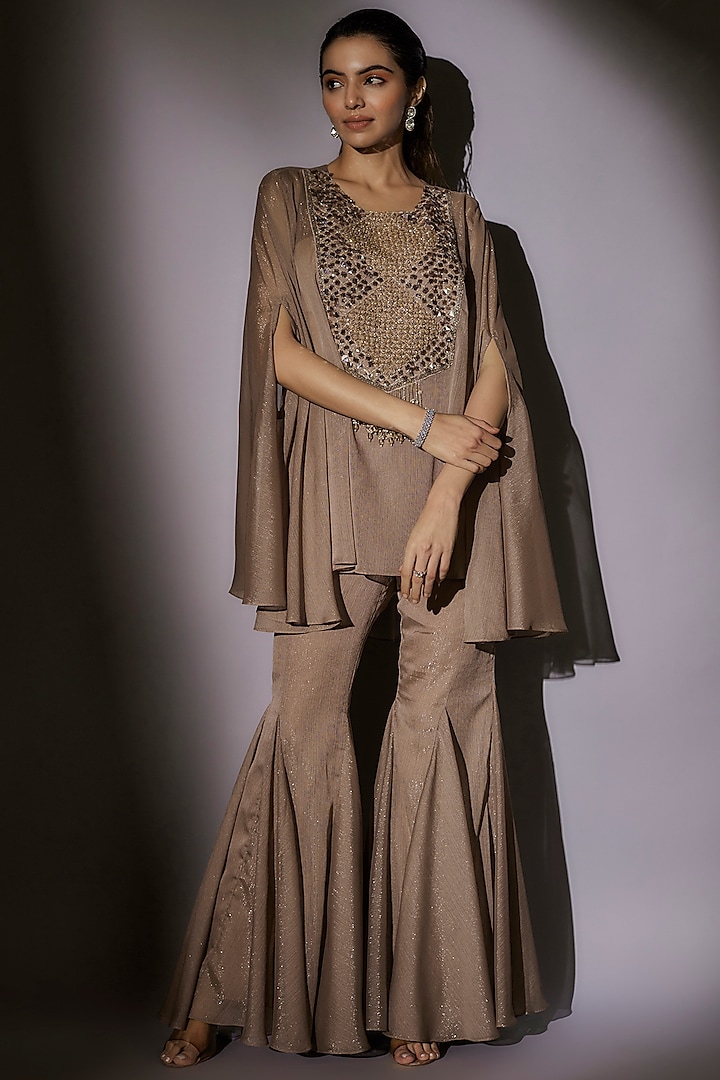 Skin-Brown Lurex & Satin Embroidered Sheer Cape Set by Ajiesh Oberoi at Pernia's Pop Up Shop