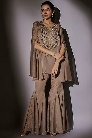 Skin-Brown Lurex & Satin Embroidered Sheer Cape Set by Ajiesh Oberoi