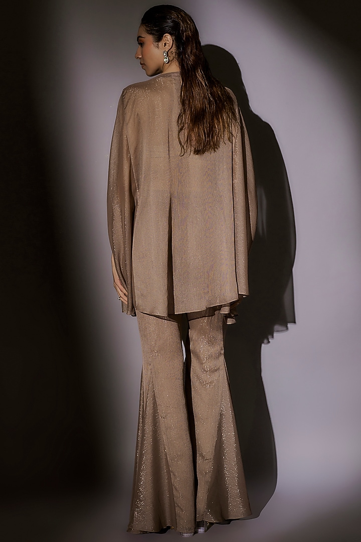 Skin-Brown Lurex & Satin Embroidered Sheer Cape Set by Ajiesh Oberoi at Pernia's Pop Up Shop