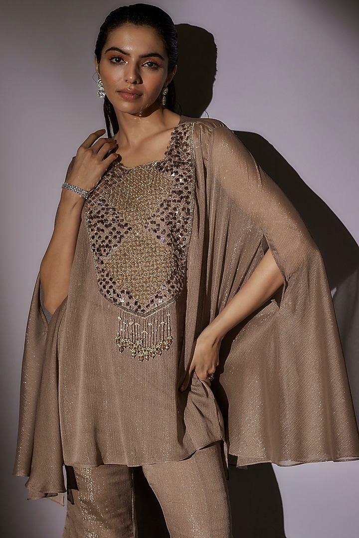 Skin-Brown Lurex & Satin Embroidered Sheer Cape Set by Ajiesh Oberoi at Pernia's Pop Up Shop