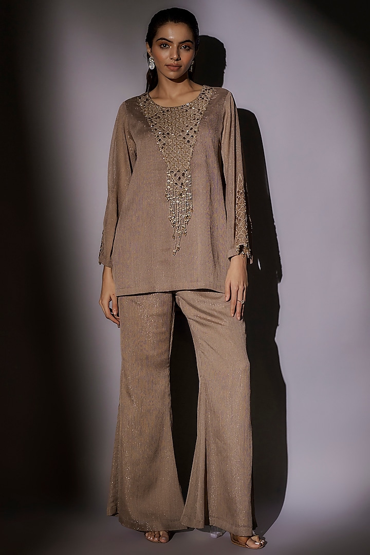 Skin-Brown Lurex Embroidered Co-Ord Set by Ajiesh Oberoi at Pernia's Pop Up Shop