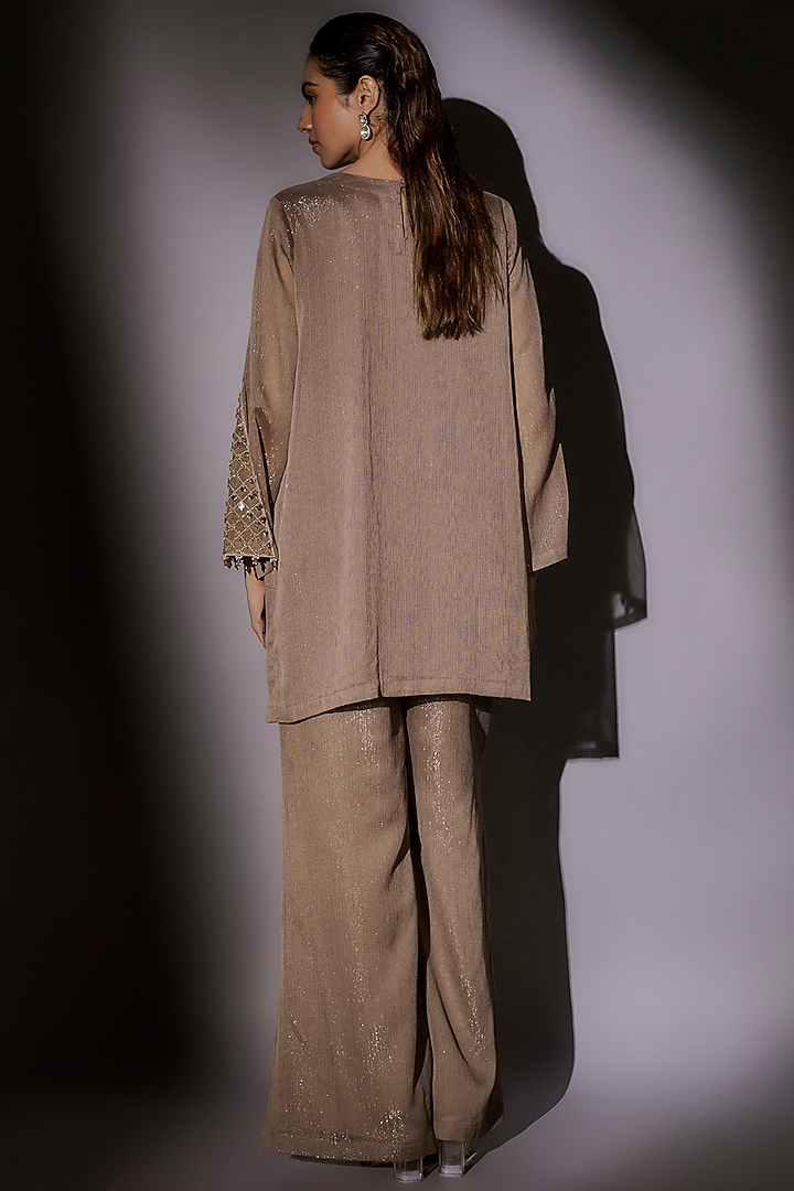 Skin-Brown Lurex Embroidered Co-Ord Set by Ajiesh Oberoi at Pernia's Pop Up Shop