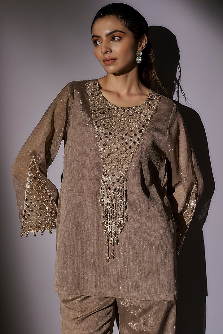 Skin-Brown Lurex Embroidered Co-Ord Set by Ajiesh Oberoi at Pernia's Pop Up Shop