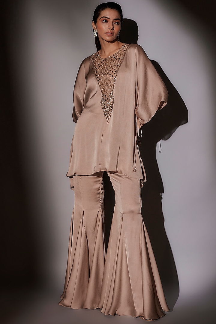 Skin-Brown Satin Chiffon Short Kaftan Set by Ajiesh Oberoi at Pernia's Pop Up Shop