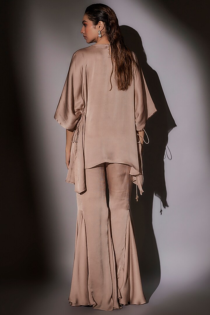 Skin-Brown Satin Chiffon Short Kaftan Set by Ajiesh Oberoi at Pernia's Pop Up Shop