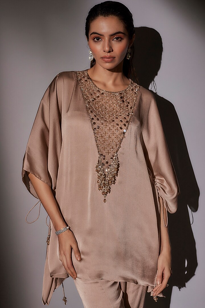 Skin-Brown Satin Chiffon Short Kaftan Set by Ajiesh Oberoi at Pernia's Pop Up Shop