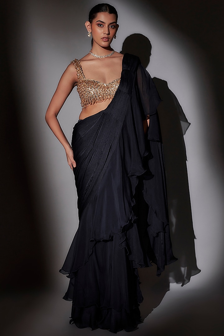 Blue Satin Chiffon & Organza Frilled Pre-Draped Saree Set by Ajiesh Oberoi at Pernia's Pop Up Shop