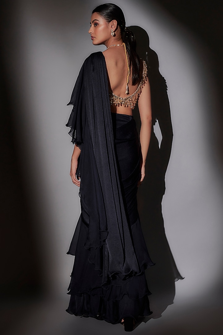 Blue Satin Chiffon & Organza Frilled Pre-Draped Wedding Saree Set by Ajiesh Oberoi at Pernia's Pop Up Shop