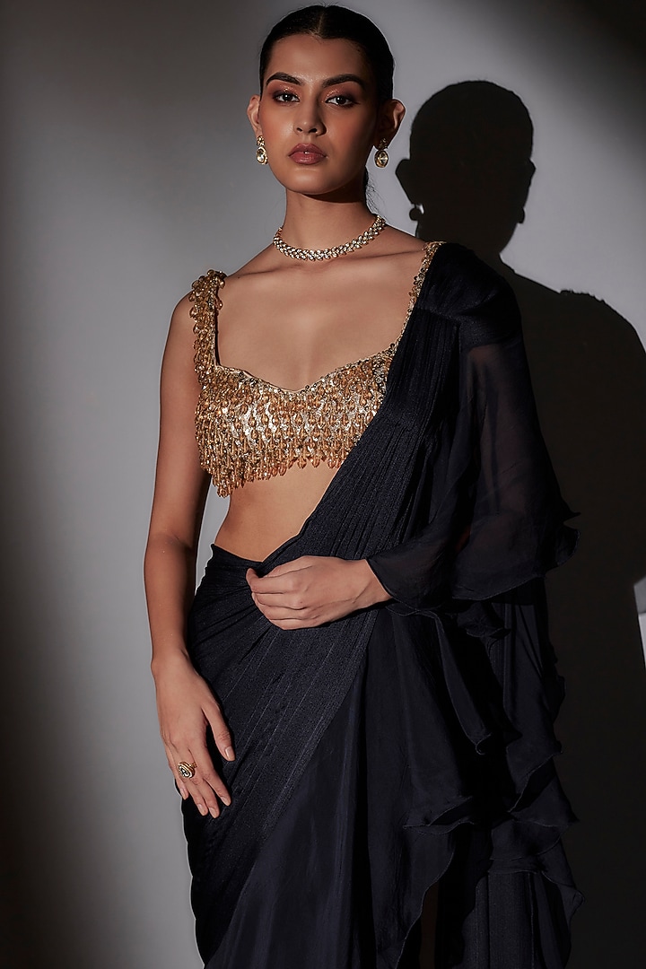 Blue Satin Chiffon & Organza Frilled Pre-Draped Wedding Saree Set by Ajiesh Oberoi at Pernia's Pop Up Shop