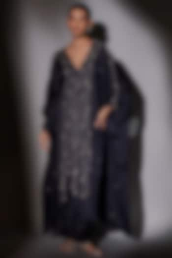 Navy Blue Satin Chiffon Kaftan Set by Ajiesh Oberoi at Pernia's Pop Up Shop